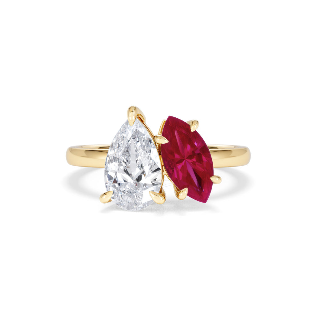 Toi Et Moi 1.50ct Pear Lab Diamond and 1.50ct Marquise Lab Ruby Engagement Ring in 18K Yellow Gold