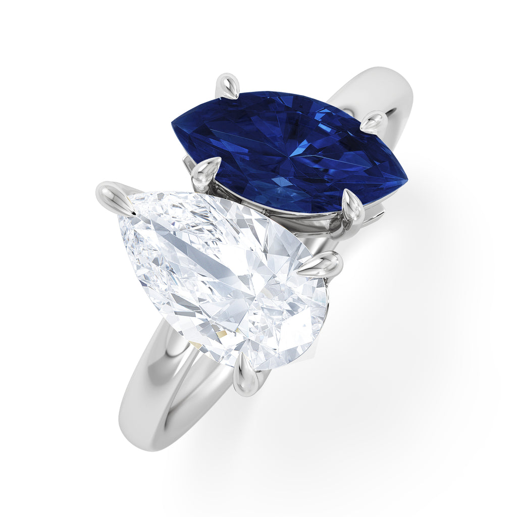 Toi Et Moi 1.50ct Pear Lab Diamond and 1.50ct Marquise Lab Sapphire Engagement Ring in Platinum