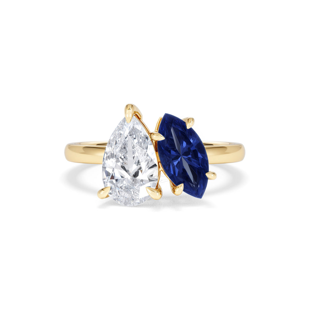 Toi Et Moi 1.50ct Pear Lab Diamond and 1.50ct Marquise Lab Sapphire Engagement Ring in 18K Yellow Gold