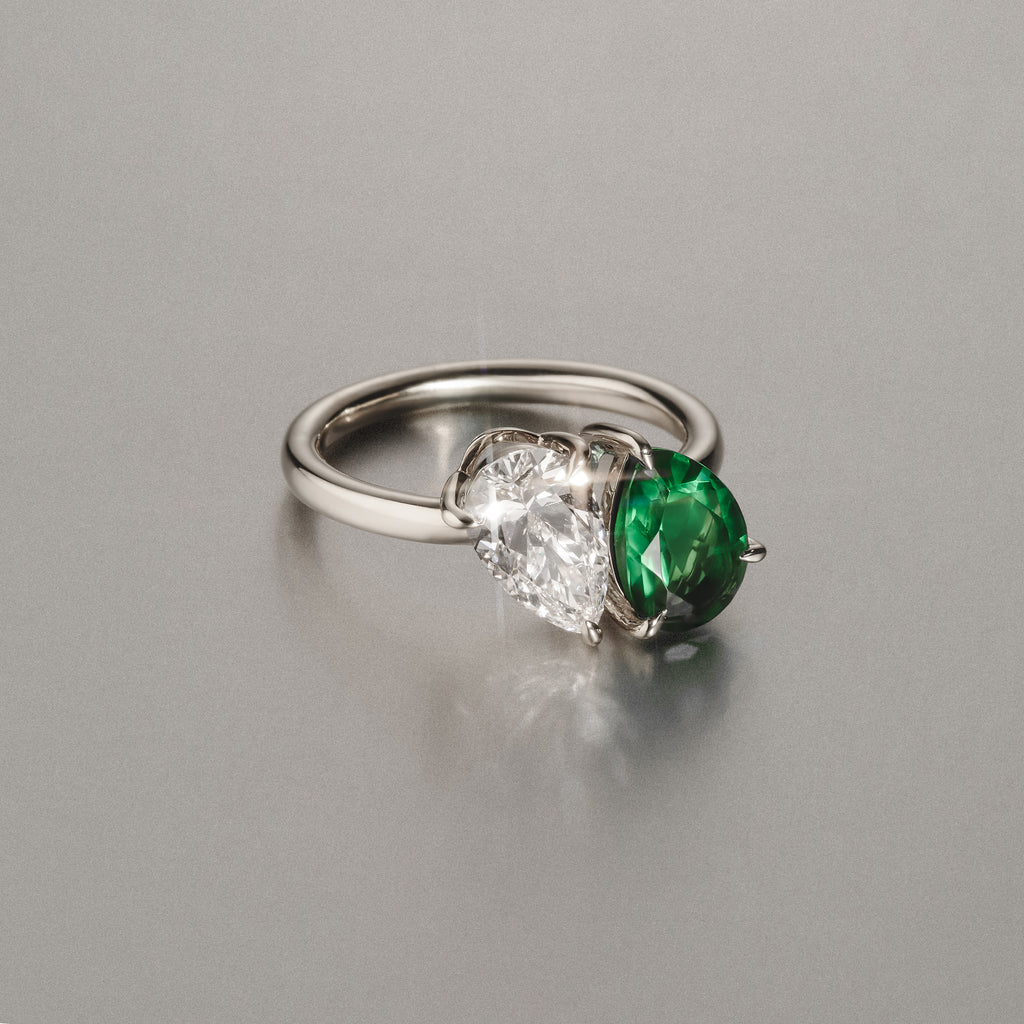 Toi Et Moi 1.50ct Pear Lab Diamond and 2.60ct Pear Lab Emerald Engagement Ring in Platinum