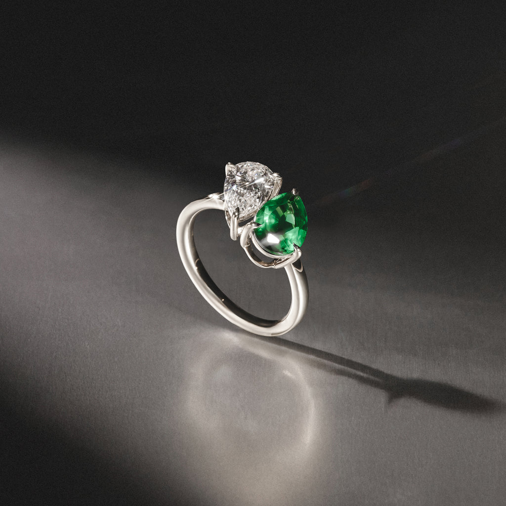Toi Et Moi 1.50ct Pear Lab Diamond and 2.60ct Pear Lab Emerald Engagement Ring in Platinum