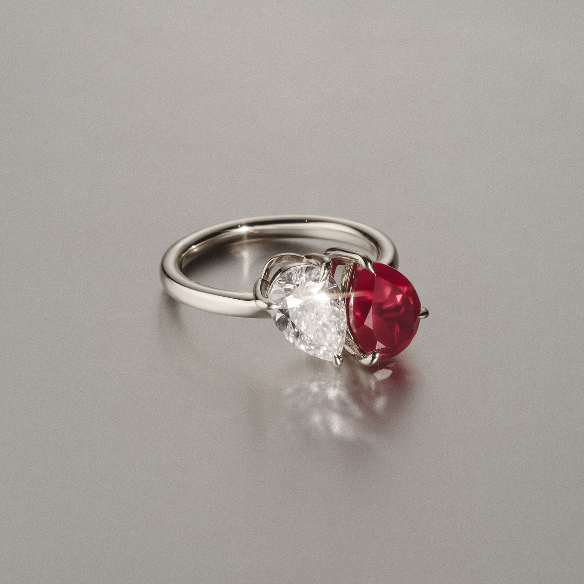 Toi Et Moi 1.50ct Pear Lab Diamond and 2.60ct Pear Lab Ruby Engagement Ring in Platinum