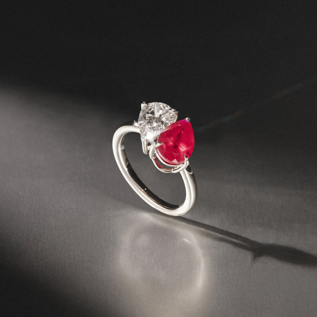 Toi Et Moi 1.50ct Pear Lab Diamond and 2.60ct Pear Lab Ruby Engagement Ring in Platinum