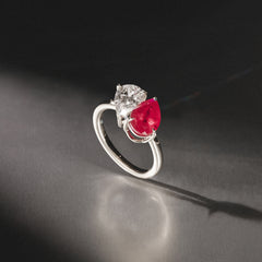 Toi Et Moi 1.50ct Pear Lab Diamond and 2.60ct Pear Lab Ruby Engagement Ring in Platinum