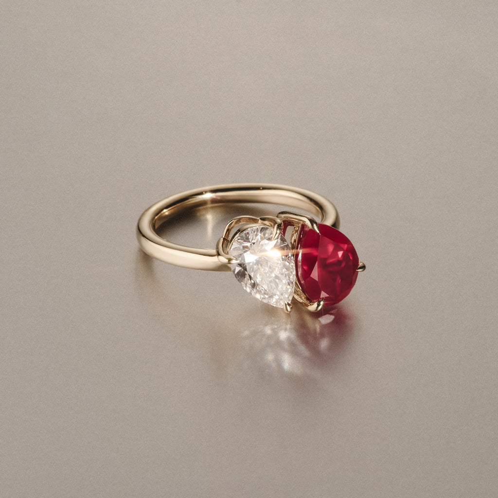 Toi Et Moi 1.50ct Pear Lab Diamond and 2.60ct Pear Lab Ruby Engagement Ring in 18K Yellow Gold