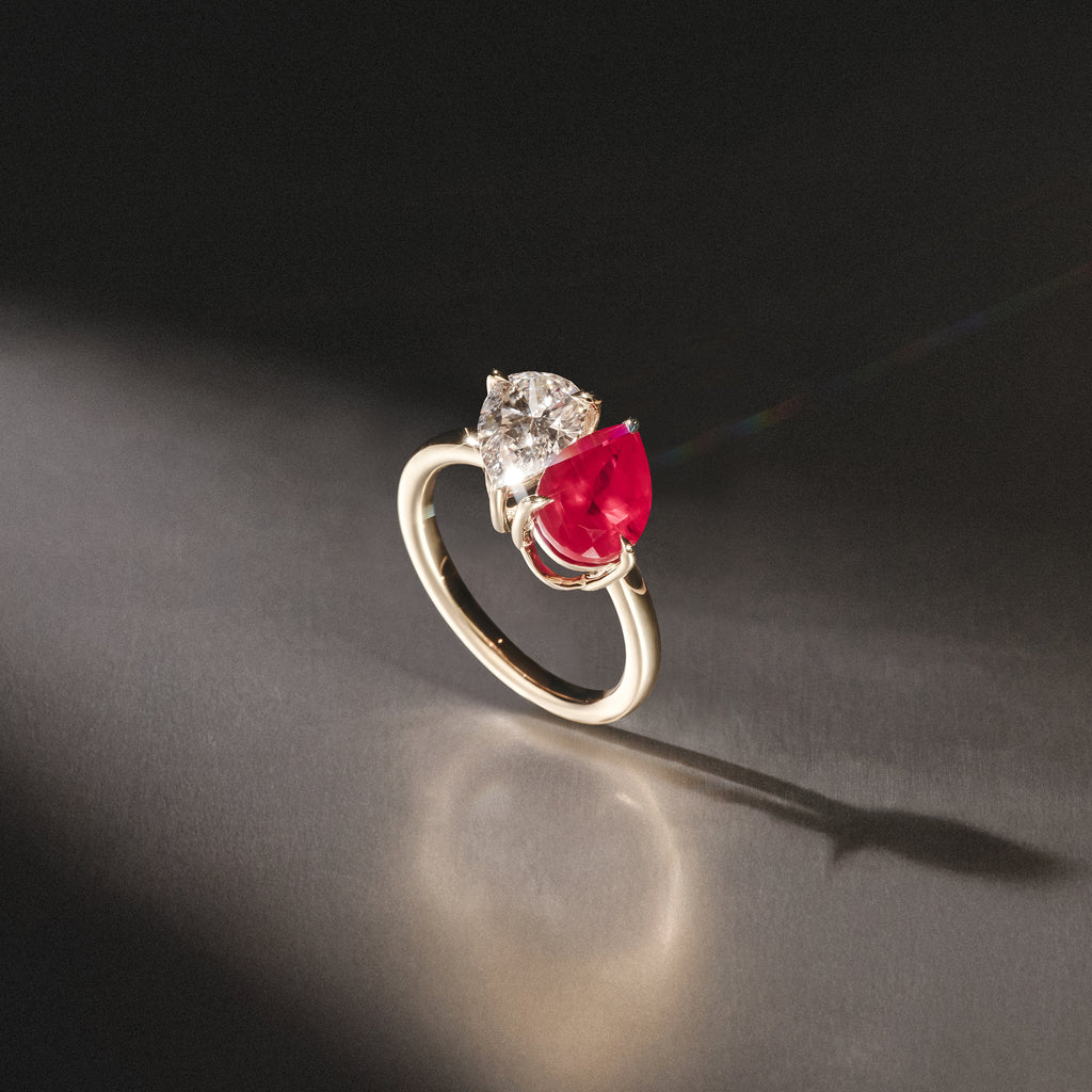 Toi Et Moi 1.50ct Pear Lab Diamond and 2.60ct Pear Lab Ruby Engagement Ring in 18K Yellow Gold