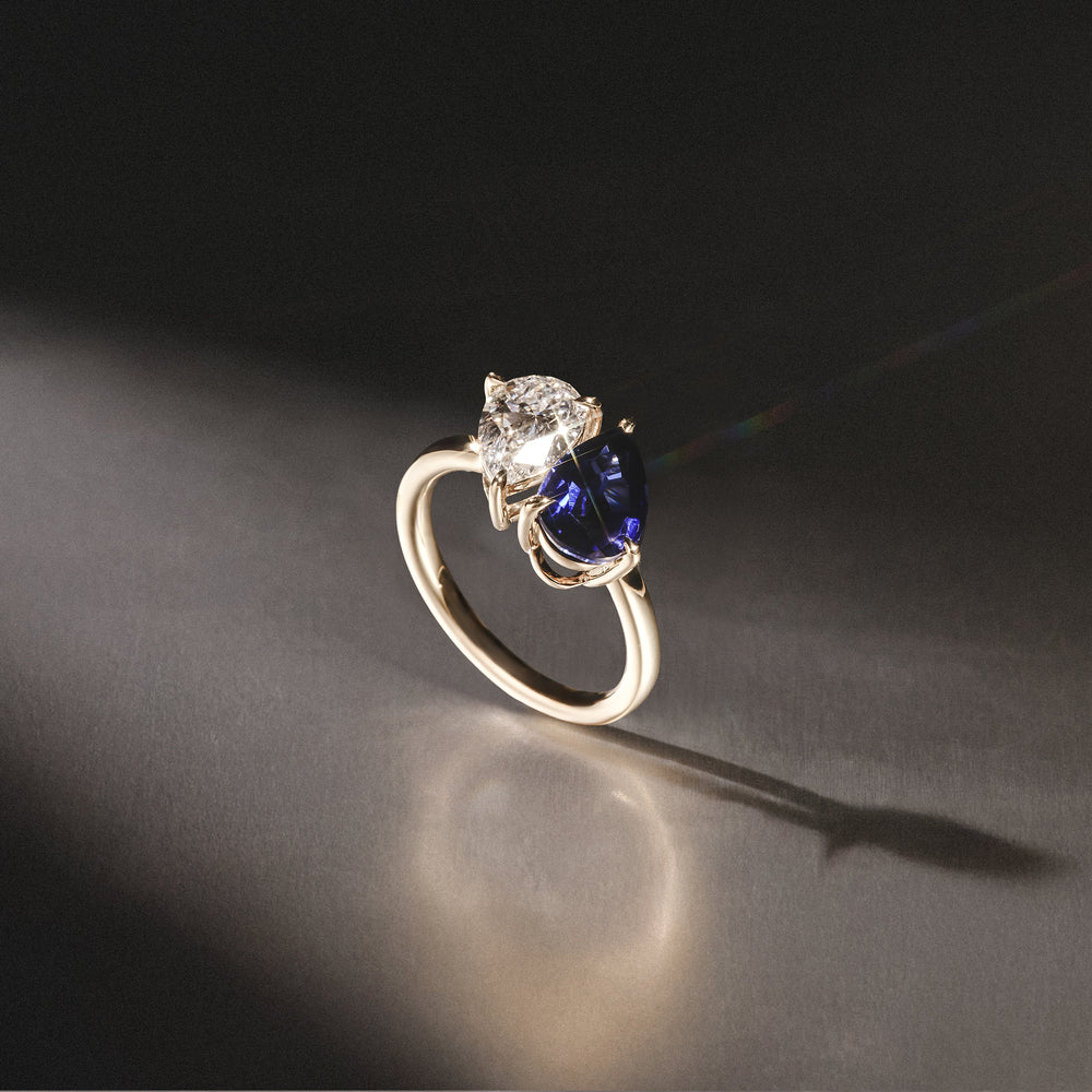Toi Et Moi 1.50ct Pear Lab Diamond and 2.60ct Pear Lab Sapphire Engagement Ring in 18K Yellow Gold