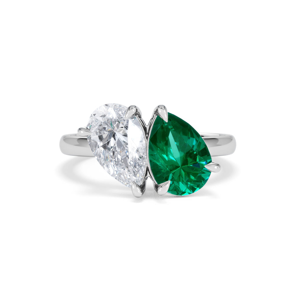 Toi Et Moi 1.50ct Pear Lab Diamond and 2.60ct Pear Lab Emerald Engagement Ring in Platinum
