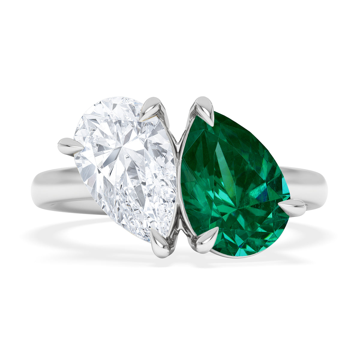 Toi Et Moi 1.50ct Pear Lab Diamond and 2.60ct Pear Lab Emerald Engagement Ring in Platinum