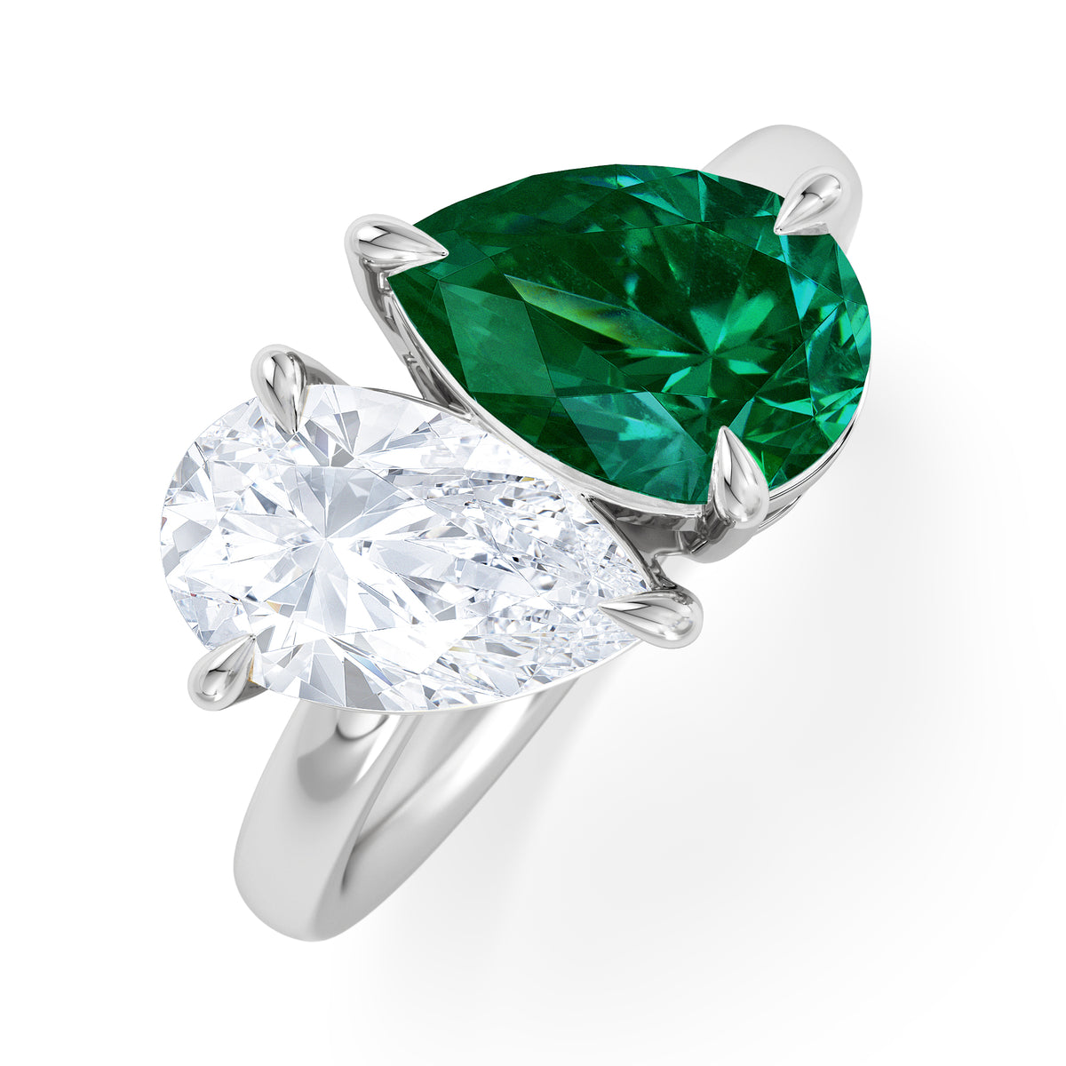 Toi Et Moi 1.50ct Pear Lab Diamond and 2.60ct Pear Lab Emerald Engagement Ring in Platinum