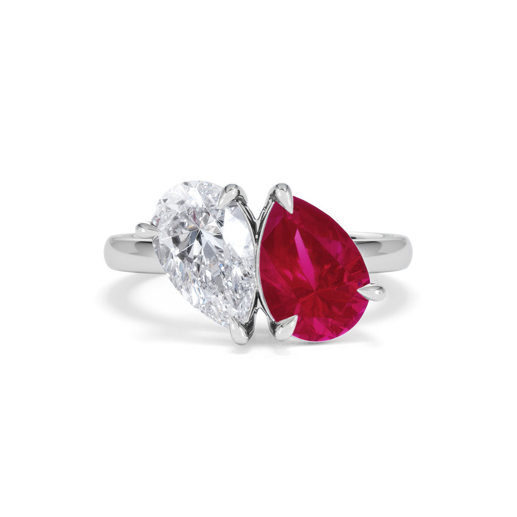 Toi Et Moi 1.50ct Pear Lab Diamond and 2.60ct Pear Lab Ruby Engagement Ring in Platinum