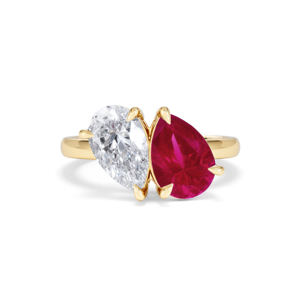 Toi Et Moi 1.50ct Pear Lab Diamond and 2.60ct Pear Lab Ruby Engagement Ring in 18K Yellow Gold