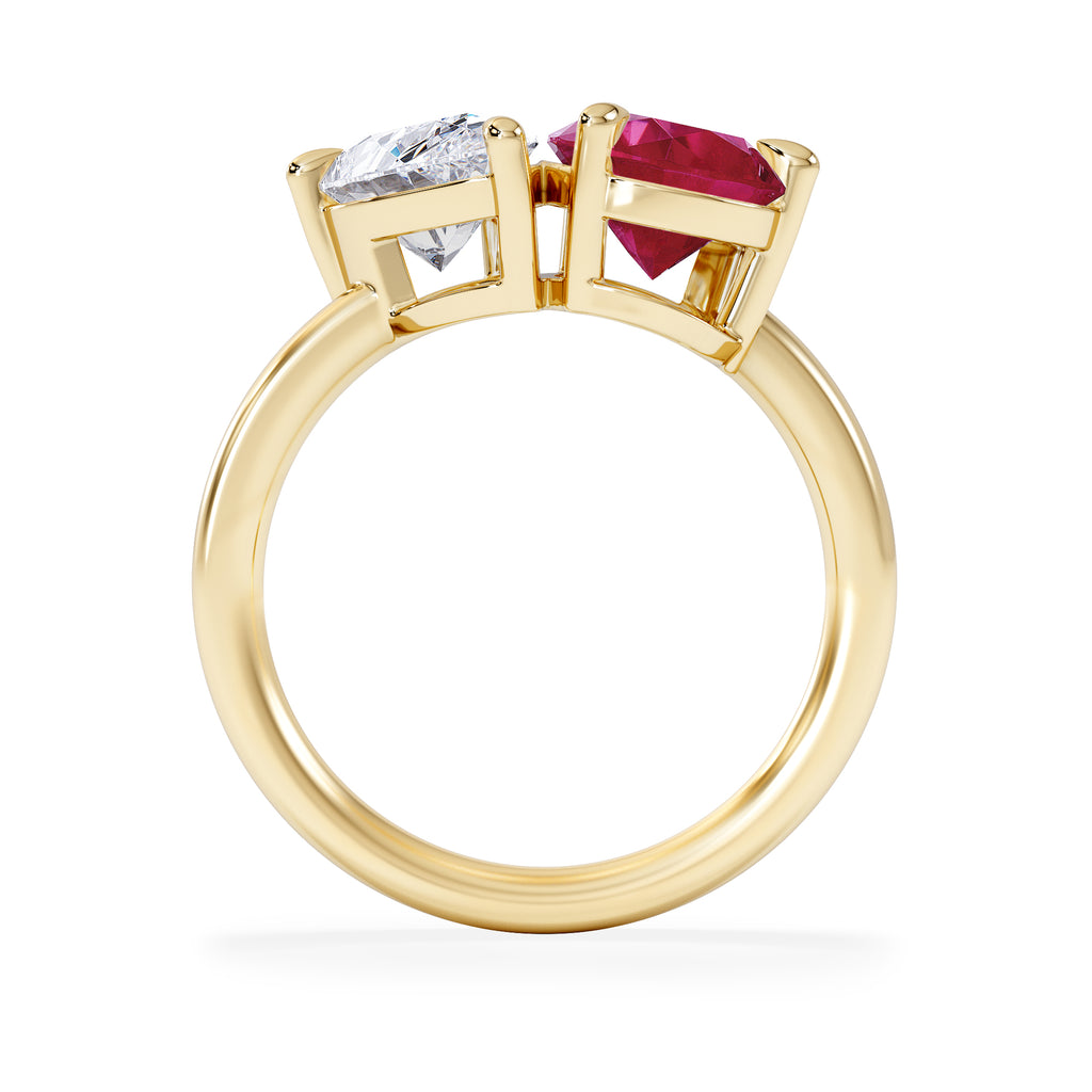 Toi Et Moi 1.50ct Pear Lab Diamond and 2.60ct Pear Lab Ruby Engagement Ring in 18K Yellow Gold