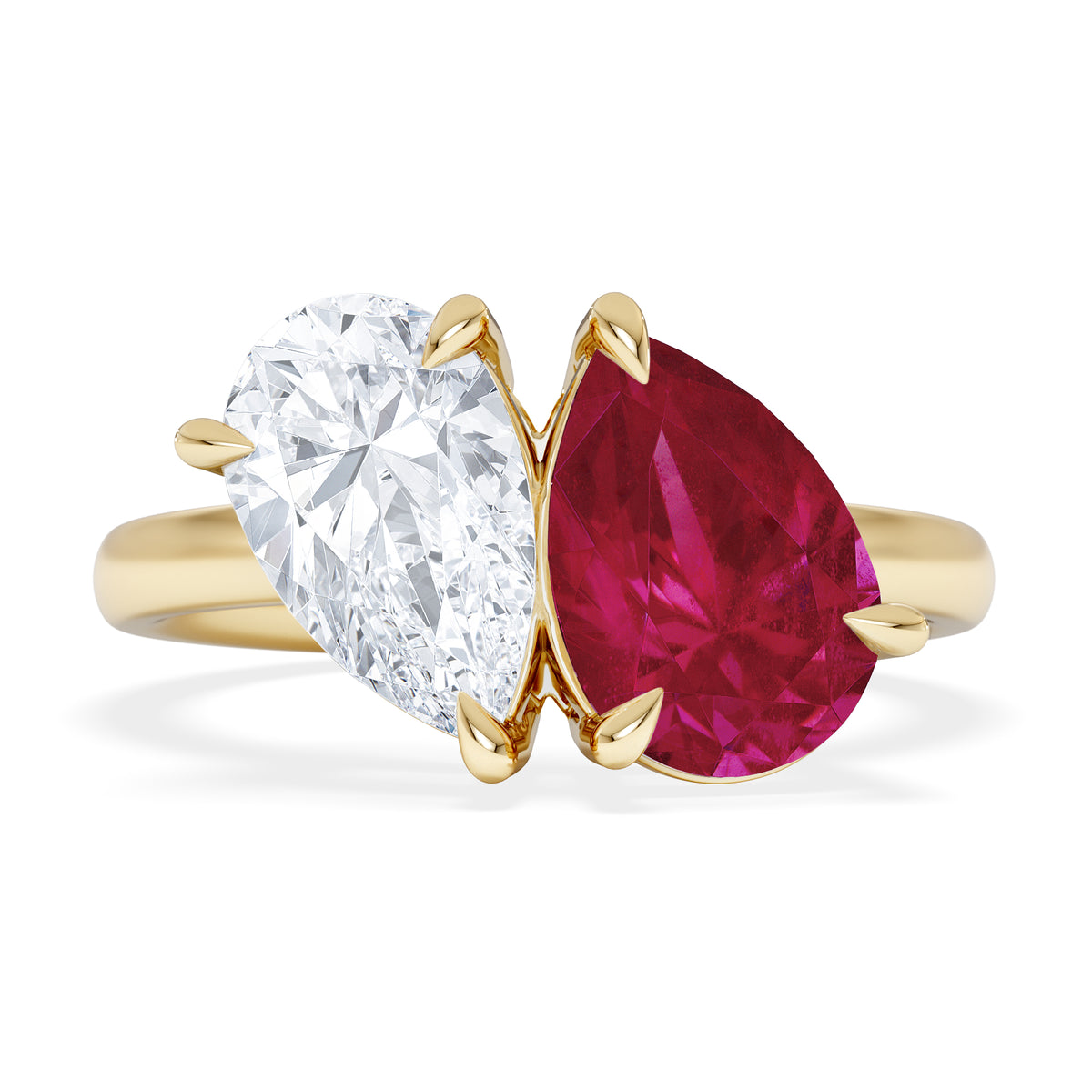 Toi Et Moi 1.50ct Pear Lab Diamond and 2.60ct Pear Lab Ruby Engagement Ring in 18K Yellow Gold