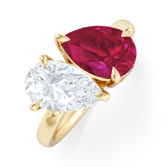 Toi Et Moi 1.50ct Pear Lab Diamond and 2.60ct Pear Lab Ruby Engagement Ring in 18K Yellow Gold
