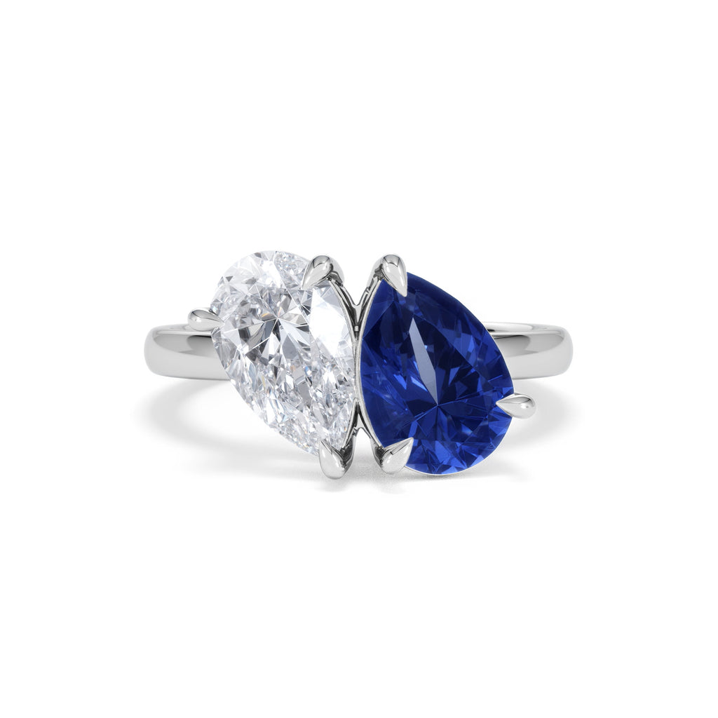 Toi Et Moi 1.50ct Pear Lab Diamond and 2.60ct Pear Lab Sapphire Engagement Ring in Platinum