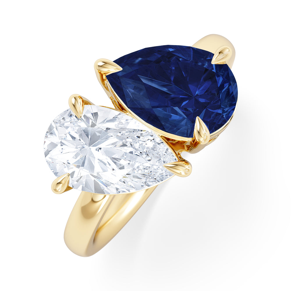 Toi Et Moi 1.50ct Pear Lab Diamond and 2.60ct Pear Lab Sapphire Engagement Ring in 18K Yellow Gold