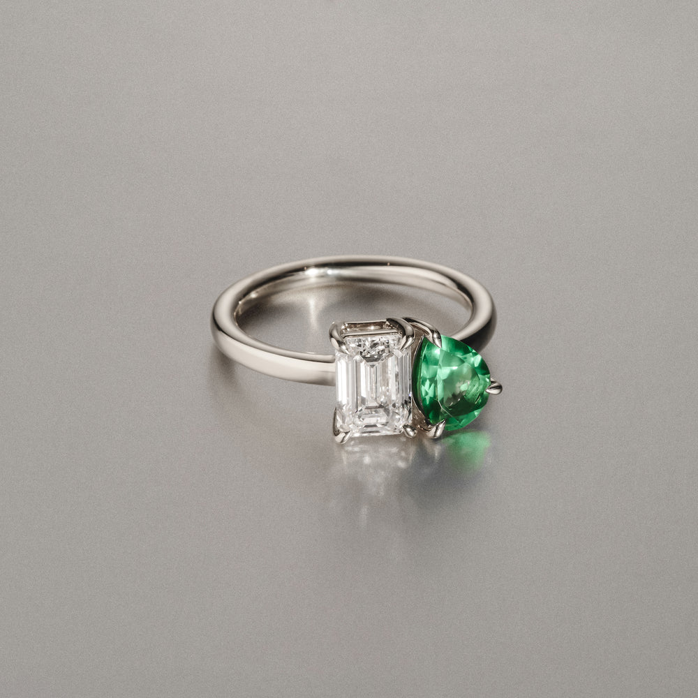 Toi Et Moi 1.50ct Emerald Cut Lab Diamond and 1.50ct Pear Lab Emerald Engagement Ring in Platinum