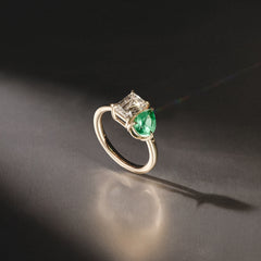 Toi Et Moi 1.50ct Emerald Cut Lab Diamond and 1.50ct Pear Lab Emerald Engagement Ring in 18K Yellow Gold