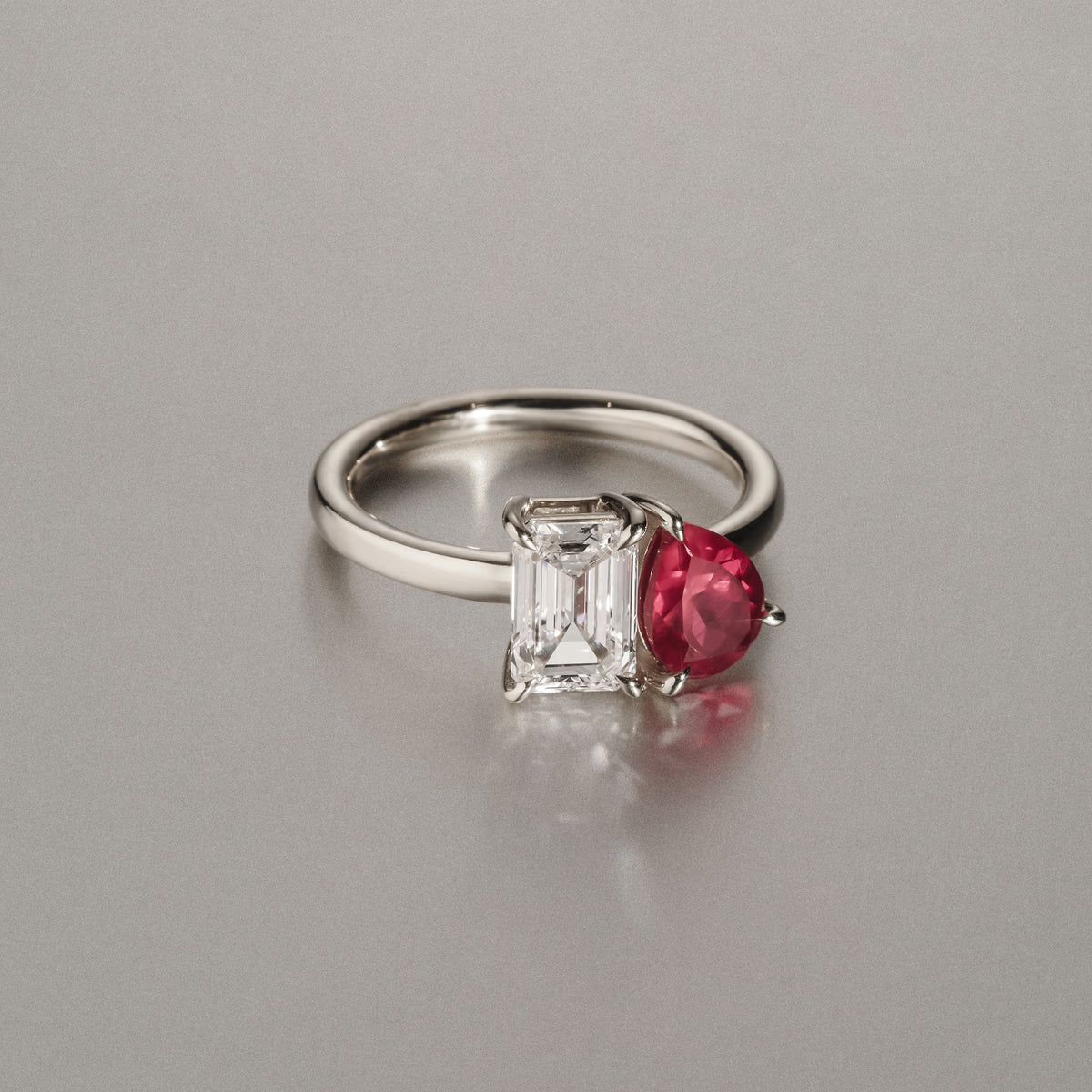 Toi Et Moi 1.50ct Emerald Cut Lab Diamond and 1.50ct Pear Lab Ruby Engagement Ring in Platinum