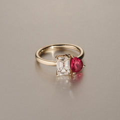Toi Et Moi 1.50ct Emerald Cut Lab Diamond and 1.50ct Pear Lab Ruby Engagement Ring in 18K Yellow Gold