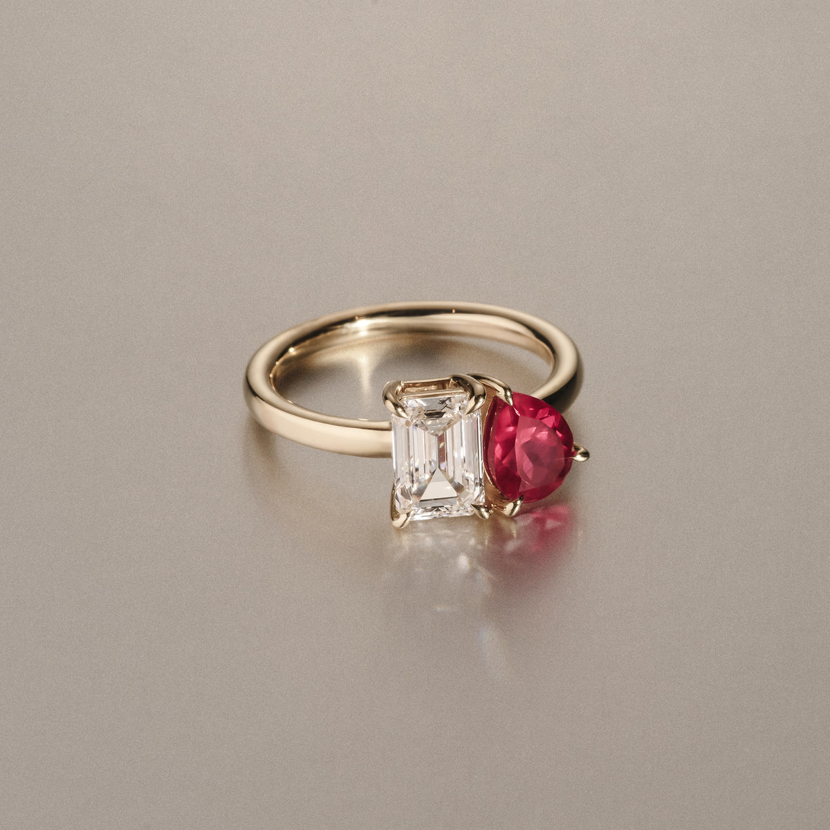 Toi Et Moi 1.50ct Emerald Cut Lab Diamond and 1.50ct Pear Lab Ruby Engagement Ring in 18K Yellow Gold
