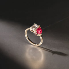 Toi Et Moi 1.50ct Emerald Cut Lab Diamond and 1.50ct Pear Lab Ruby Engagement Ring in 18K Yellow Gold