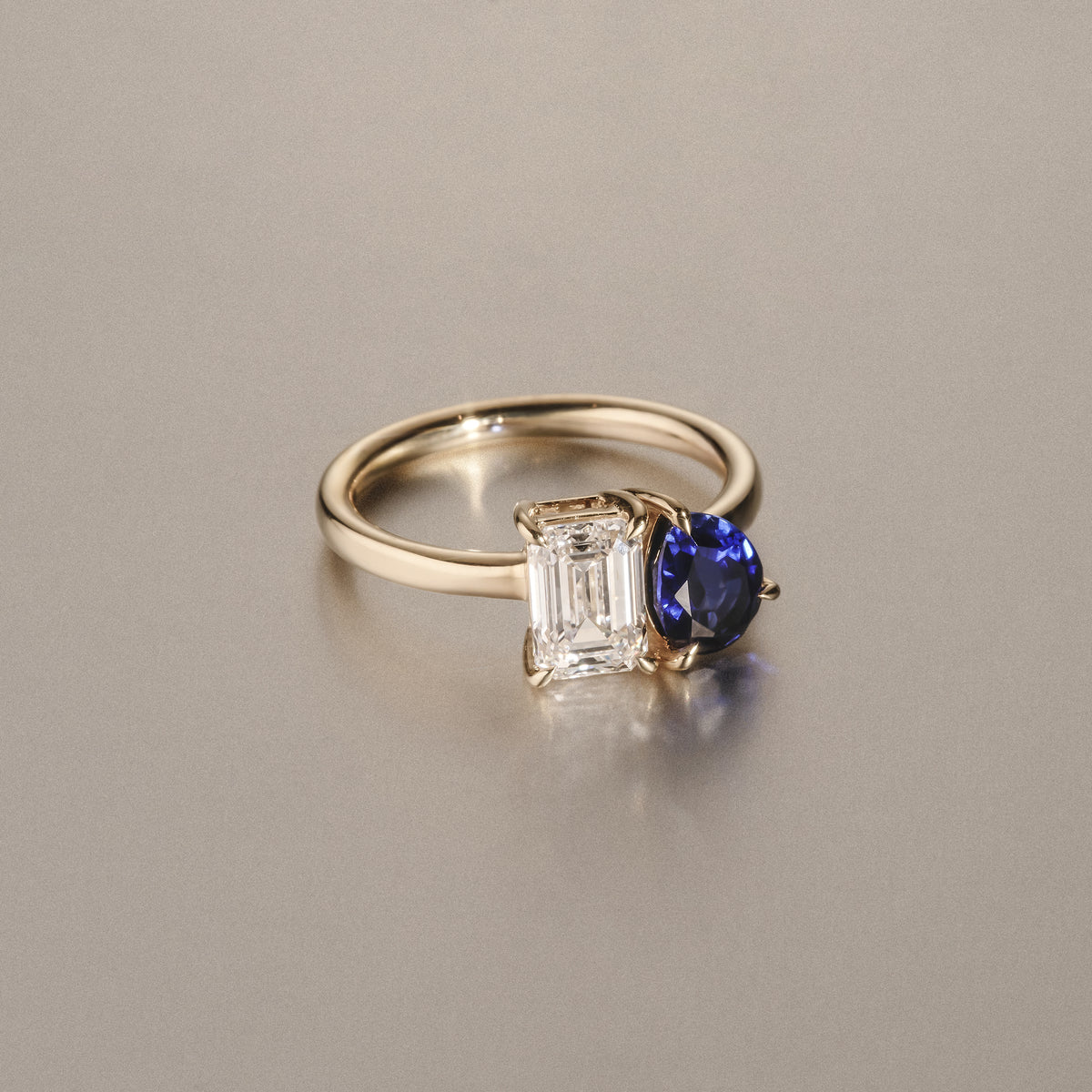 Toi Et Moi 1.50ct Emerald Cut Lab Diamond and 1.50ct Pear Lab Sapphire Engagement Ring in 18K Yellow Gold