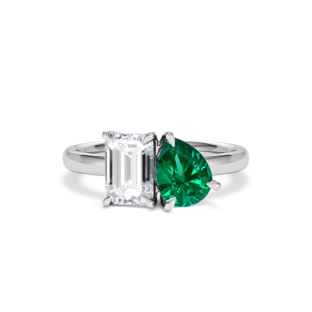 Toi Et Moi 1.50ct Emerald Cut Lab Diamond and 1.50ct Pear Lab Emerald Engagement Ring in Platinum