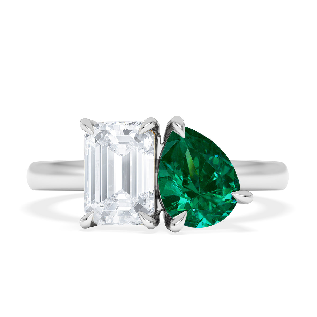 Toi Et Moi 1.50ct Emerald Cut Lab Diamond and 1.50ct Pear Lab Emerald Engagement Ring in Platinum