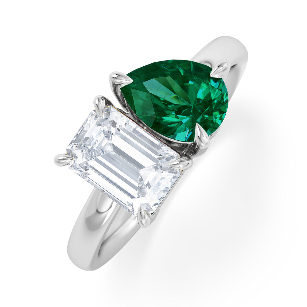 Toi Et Moi 1.50ct Emerald Cut Lab Diamond and 1.50ct Pear Lab Emerald Engagement Ring in Platinum