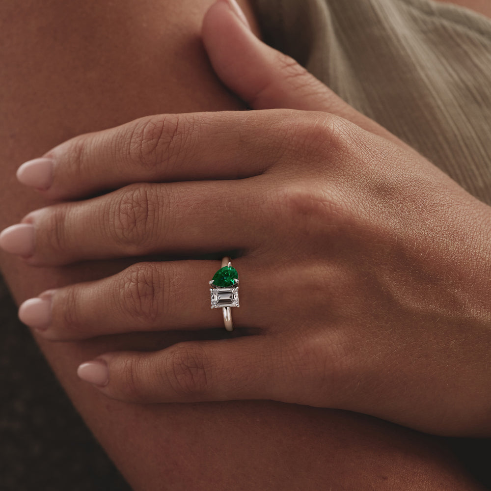 Toi Et Moi 1.50ct Emerald Cut Lab Diamond and 1.50ct Pear Lab Emerald Engagement Ring in Platinum