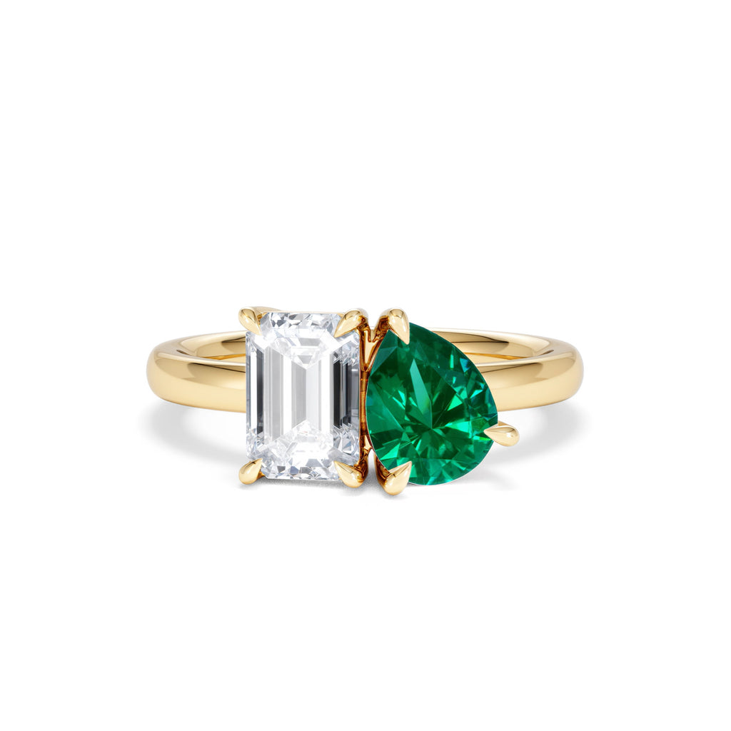 Toi Et Moi 1.50ct Emerald Cut Lab Diamond and 1.50ct Pear Lab Emerald Engagement Ring in 18K Yellow Gold