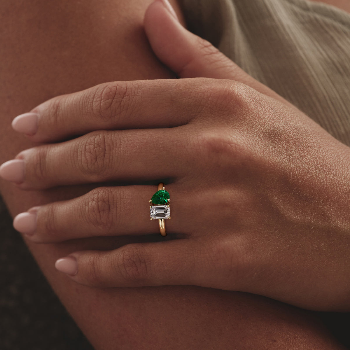 Toi Et Moi 1.50ct Emerald Cut Lab Diamond and 1.50ct Pear Lab Emerald Engagement Ring in 18K Yellow Gold