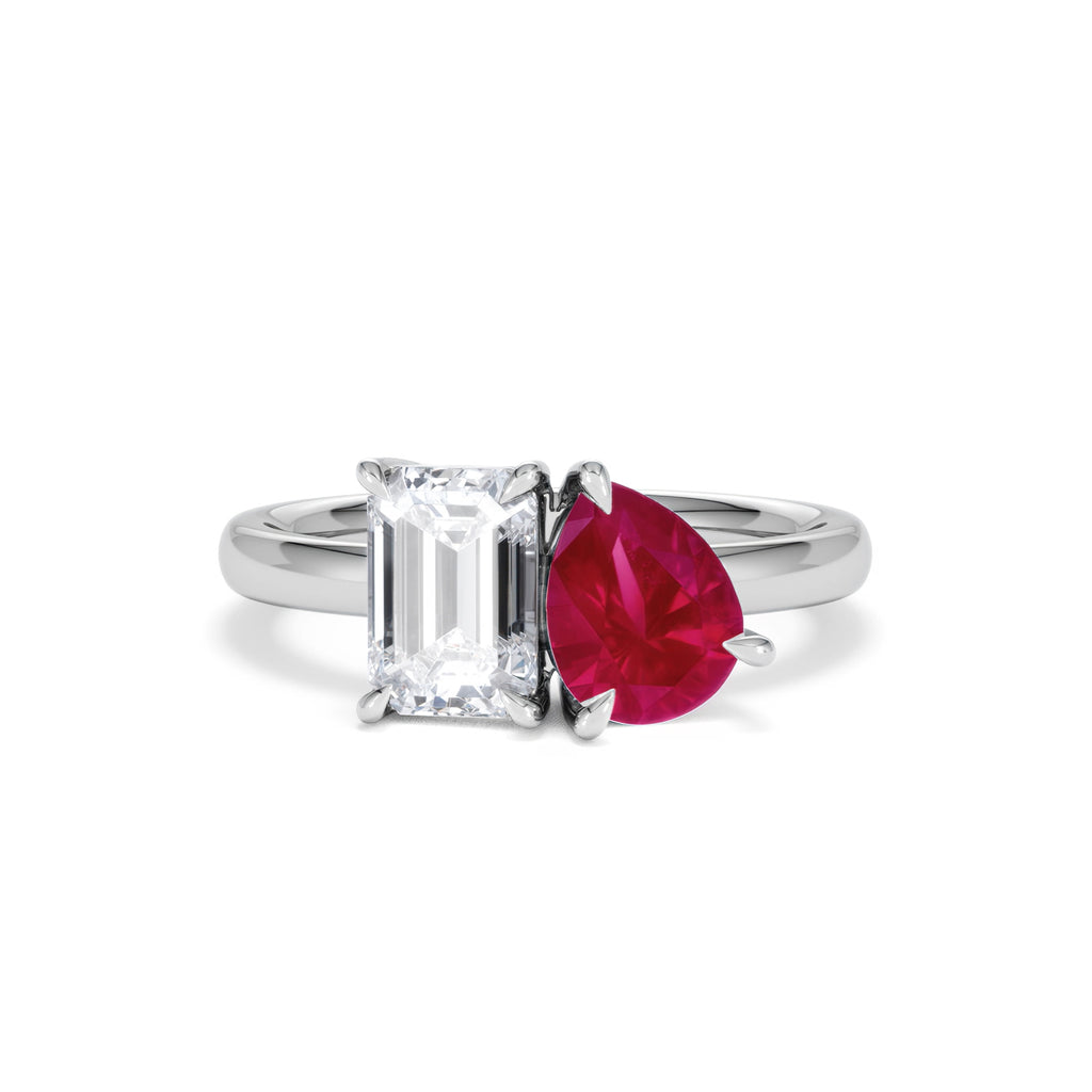Toi Et Moi 1.50ct Emerald Cut Lab Diamond and 1.50ct Pear Lab Ruby Engagement Ring in Platinum
