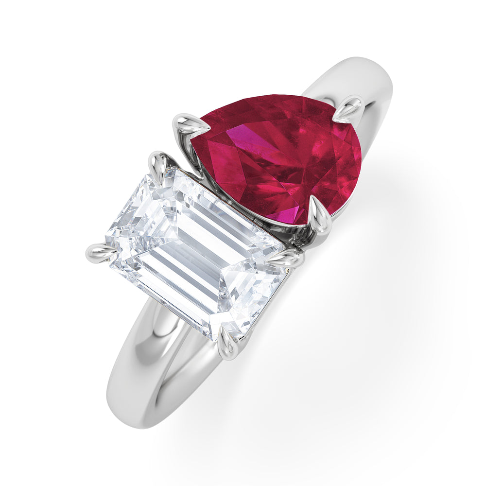 Toi Et Moi 1.50ct Emerald Cut Lab Diamond and 1.50ct Pear Lab Ruby Engagement Ring in Platinum