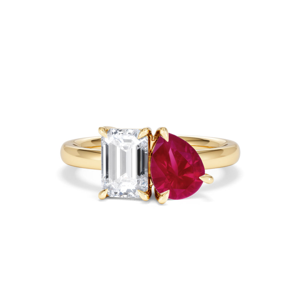 Toi Et Moi 1.50ct Emerald Cut Lab Diamond and 1.50ct Pear Lab Ruby Engagement Ring in 18K Yellow Gold