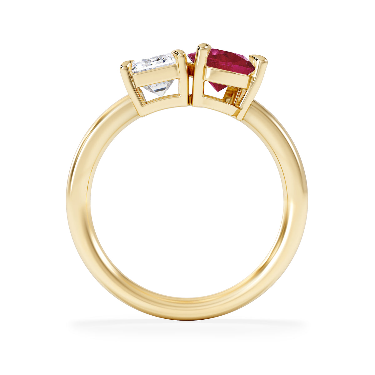 Toi Et Moi 1.50ct Emerald Cut Lab Diamond and 1.50ct Pear Lab Ruby Engagement Ring in 18K Yellow Gold