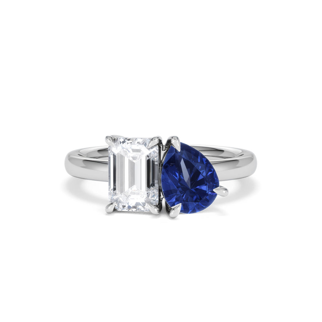 Toi Et Moi 1.50ct Emerald Cut Lab Diamond and 1.50ct Pear Lab Sapphire Engagement Ring in Platinum