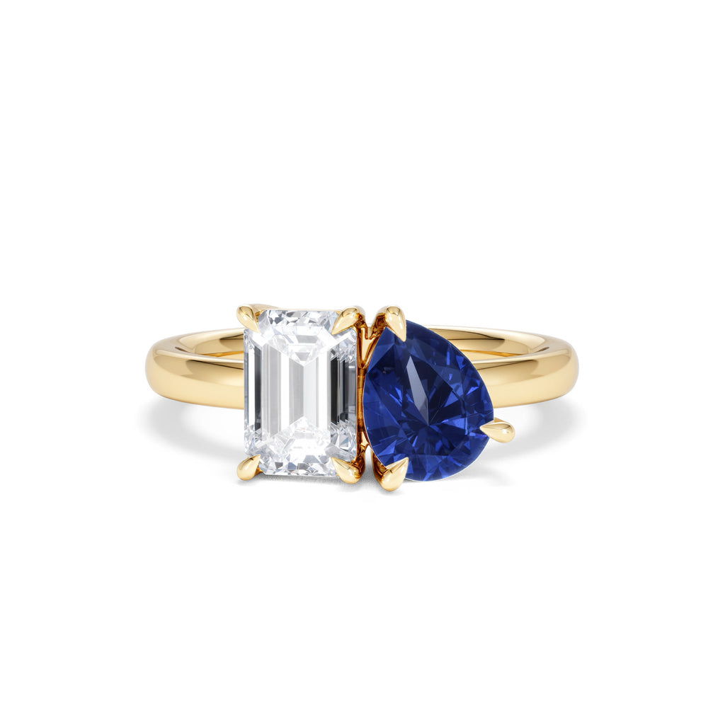 Toi Et Moi 1.50ct Emerald Cut Lab Diamond and 1.50ct Pear Lab Sapphire Engagement Ring in 18K Yellow Gold