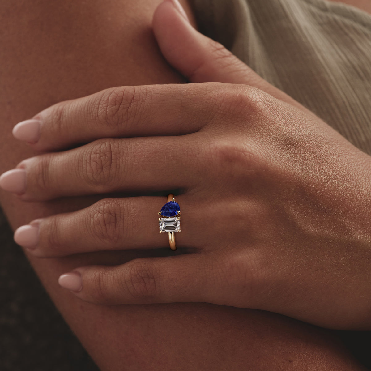 Toi Et Moi 1.50ct Emerald Cut Lab Diamond and 1.50ct Pear Lab Sapphire Engagement Ring in 18K Yellow Gold