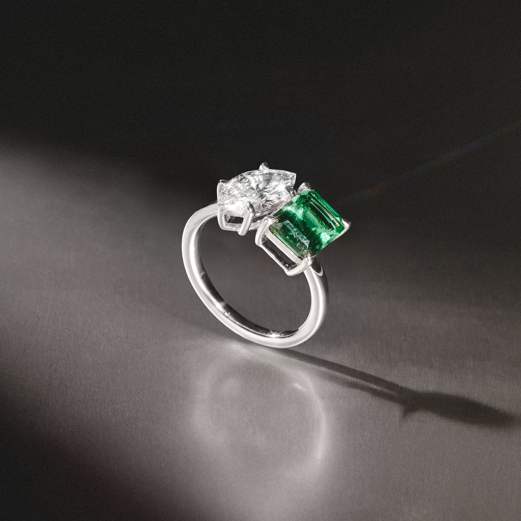 Toi Et Moi 1.50ct Marquise Lab Diamond and 3.30ct Emerald Cut Lab Emerald Engagement Ring in Platinum