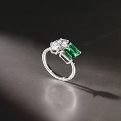 Toi Et Moi 1.50ct Marquise Lab Diamond and 3.30ct Emerald Cut Lab Emerald Engagement Ring in Platinum