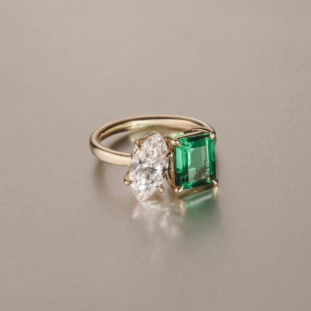 Toi Et Moi 1.50ct Marquise Lab Diamond and 3.30ct Emerald Cut Lab Emerald Engagement Ring in 18K Yellow Gold