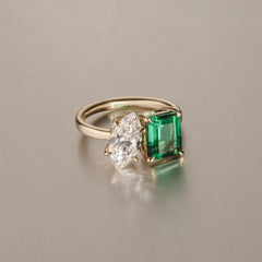 Toi Et Moi 1.50ct Marquise Lab Diamond and 3.30ct Emerald Cut Lab Emerald Engagement Ring in 18K Yellow Gold