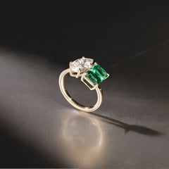 Toi Et Moi 1.50ct Marquise Lab Diamond and 3.30ct Emerald Cut Lab Emerald Engagement Ring in 18K Yellow Gold