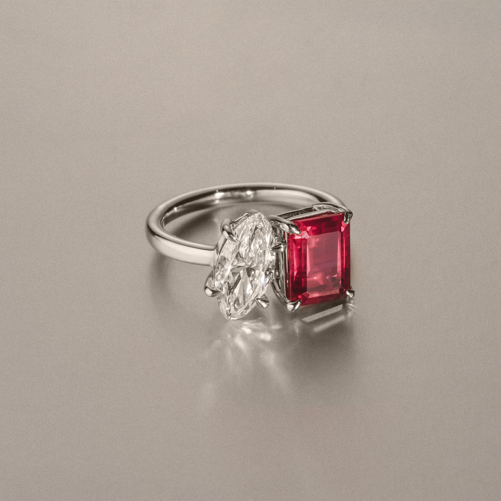Toi Et Moi 1.50ct Marquise Lab Diamond and 3.30ct Emerald Cut Lab Ruby Engagement Ring in Platinum