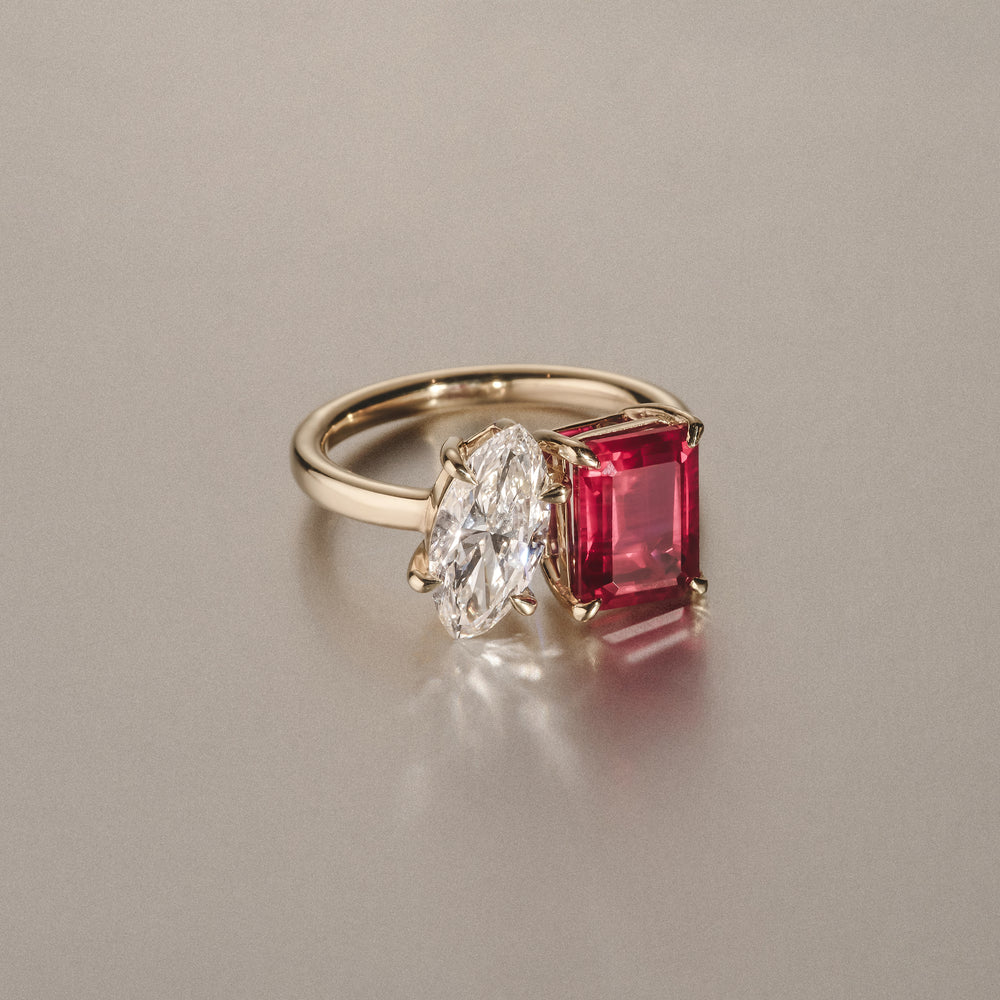 Toi Et Moi 1.50ct Marquise Lab Diamond and 3.30ct Emerald Cut Lab Ruby Engagement Ring in 18K Yellow Gold