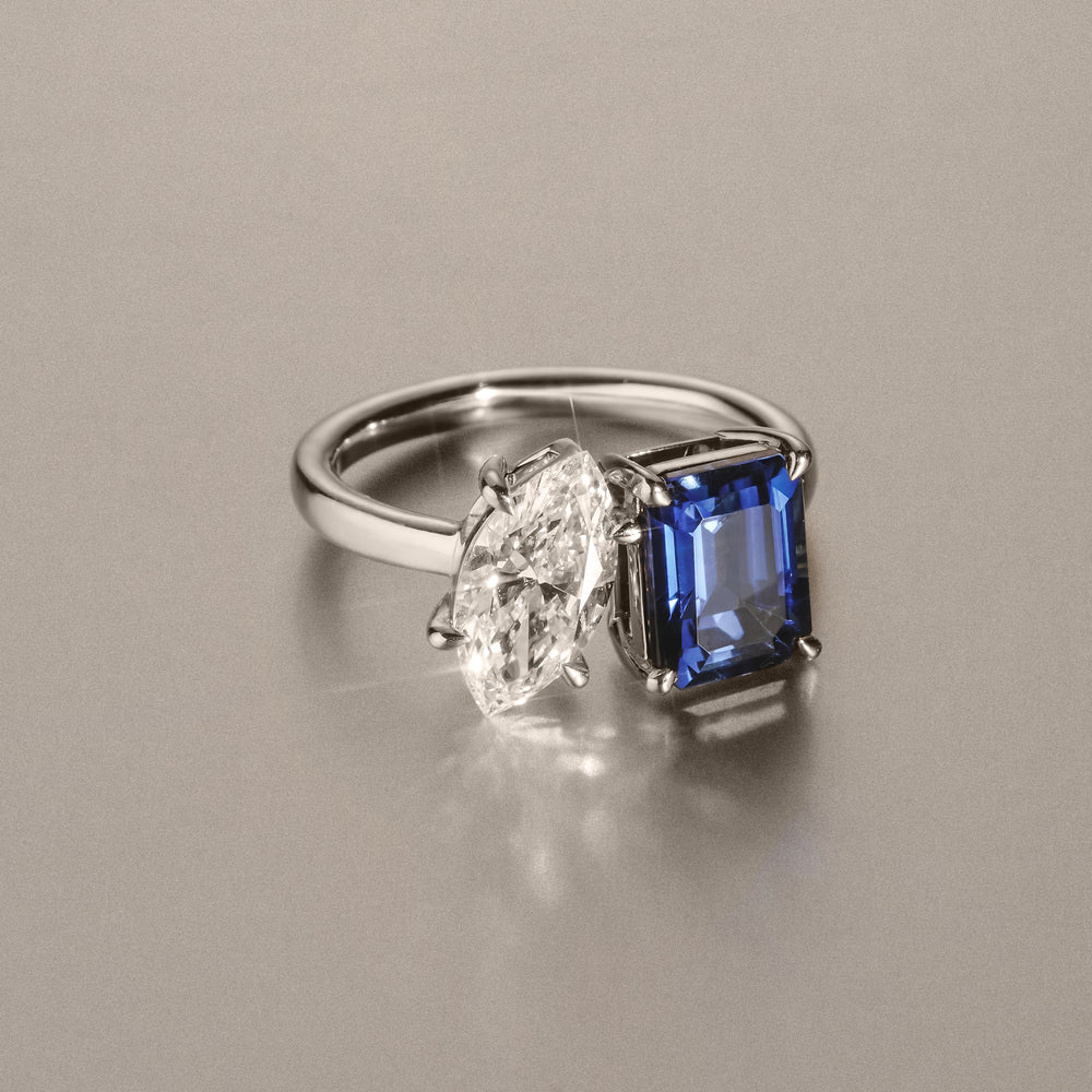 Toi Et Moi 1.50ct Marquise Lab Diamond and 3.30ct Emerald Cut Lab Sapphire Engagement Ring in Platinum