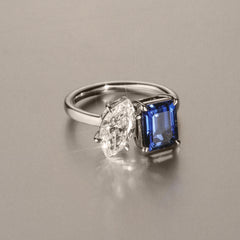 Toi Et Moi 1.50ct Marquise Lab Diamond and 3.30ct Emerald Cut Lab Sapphire Engagement Ring in Platinum